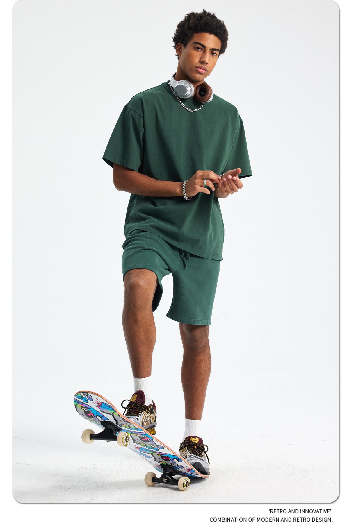 8805# Oversize 250g Wash T-Shirt-Dark Green