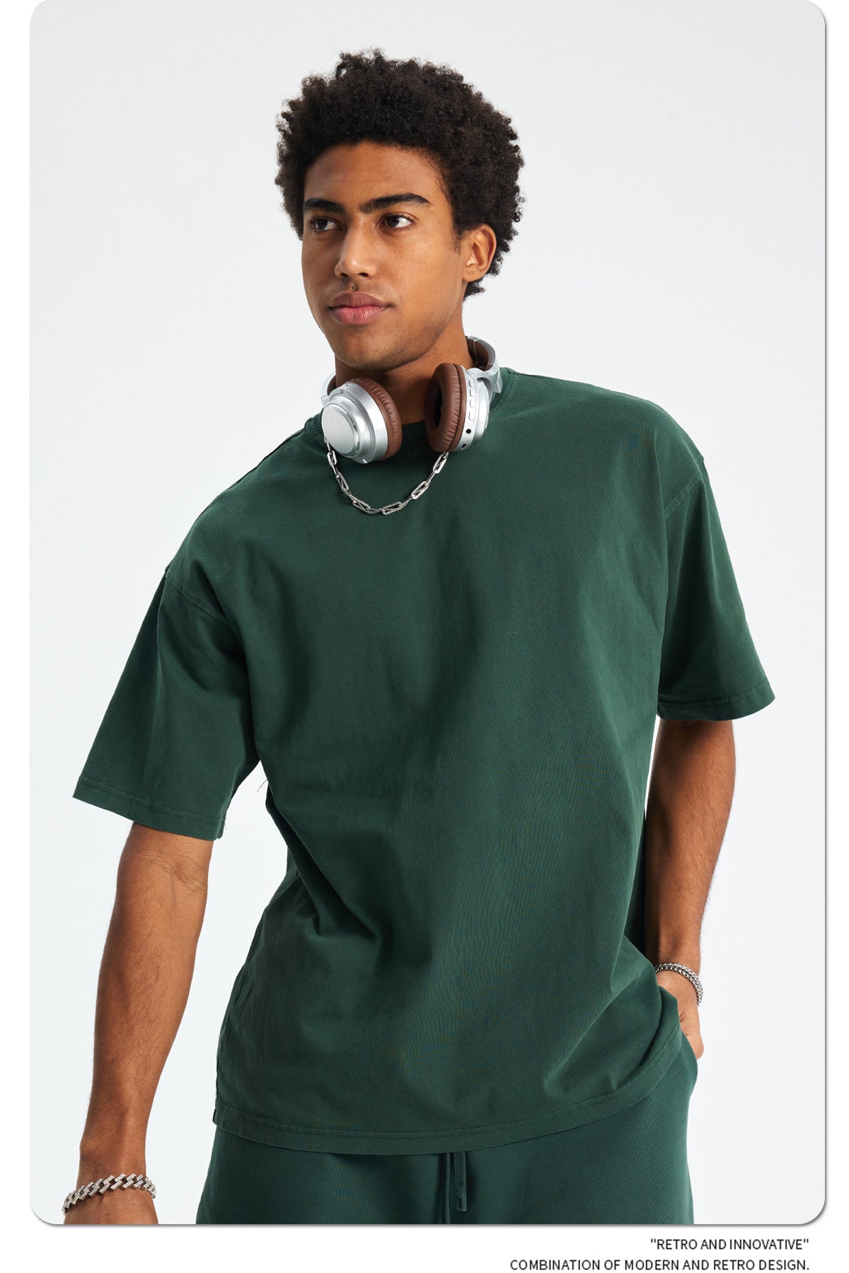 8805# Oversize 250g Wash T-Shirt-Dark Green