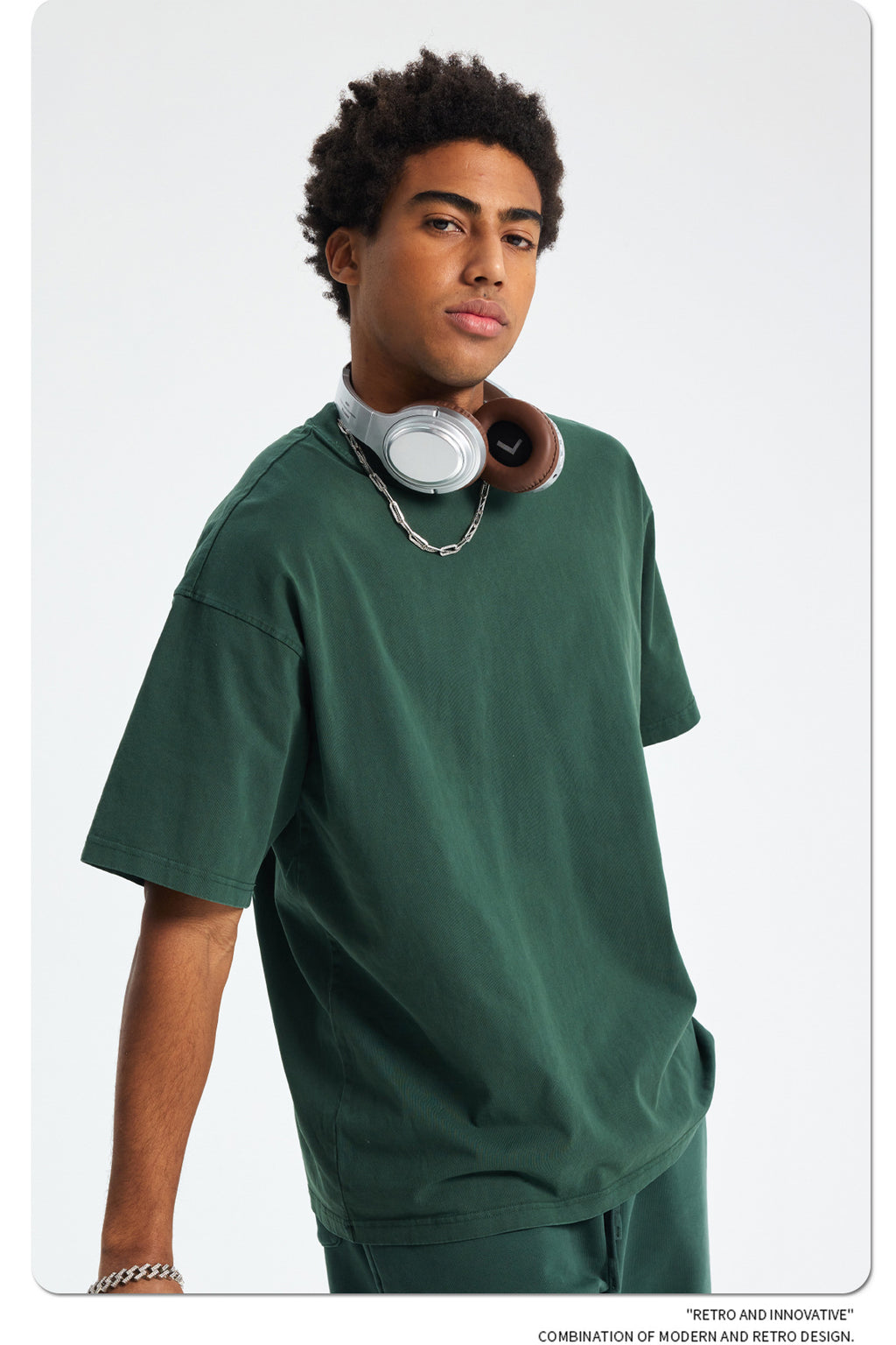 8805# Oversize 250g Wash T-Shirt-Dark Green