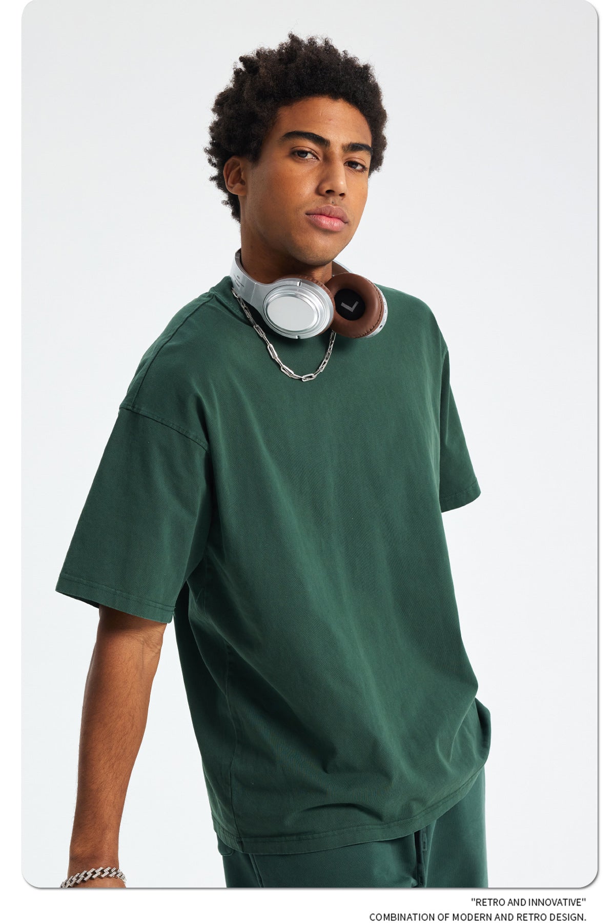 8805# Oversize 250g Wash T-Shirt-Dark Green