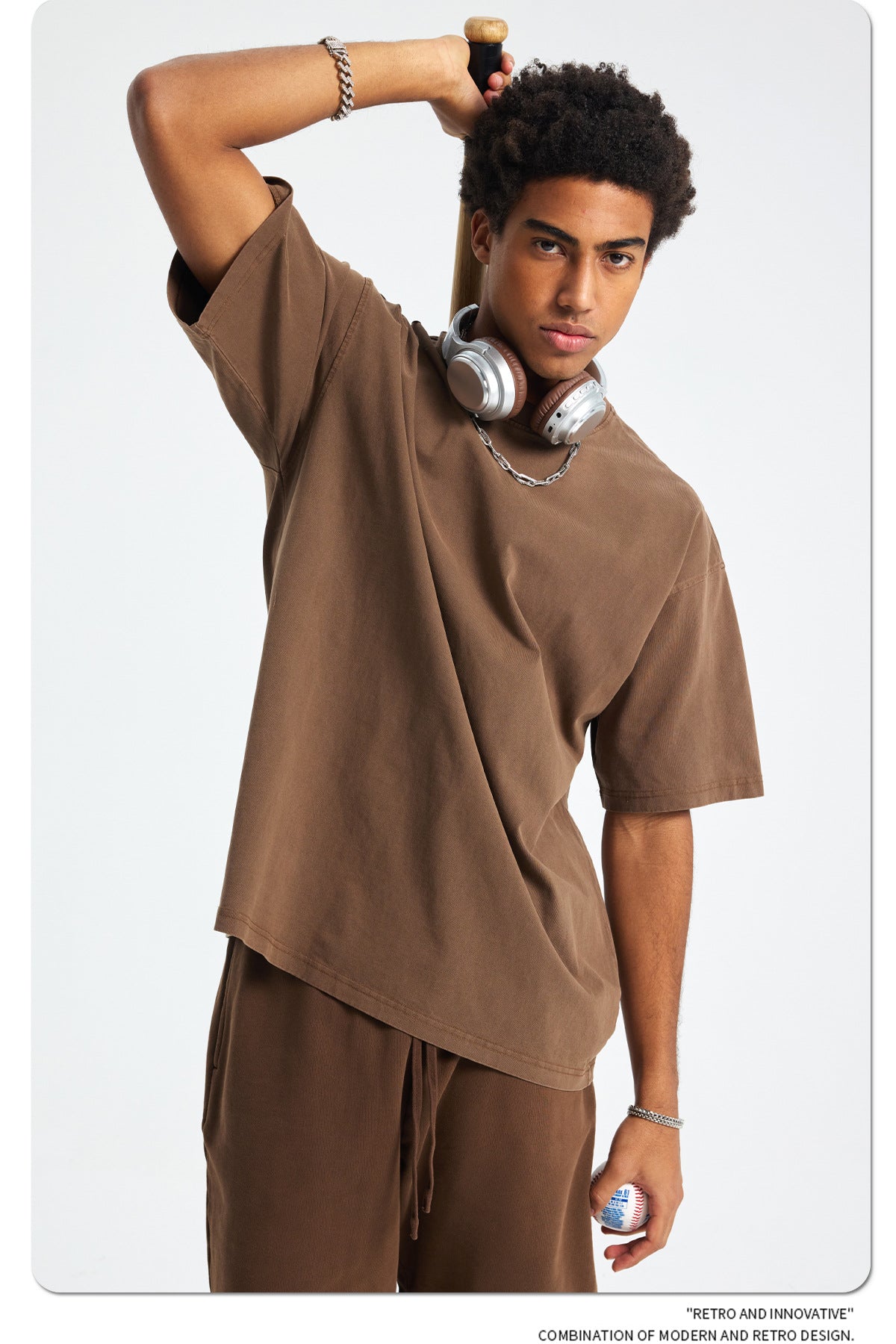 8805# Oversize 250g Wash T-Shirt-Brown