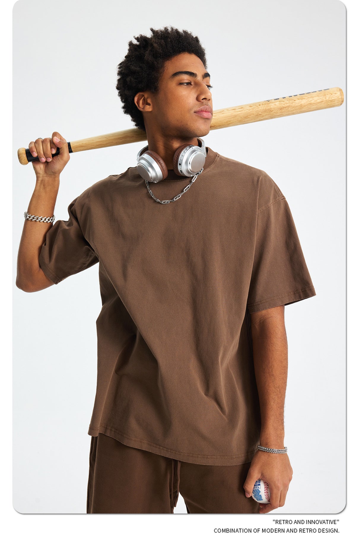 8805# Oversize 250g Wash T-Shirt-Brown