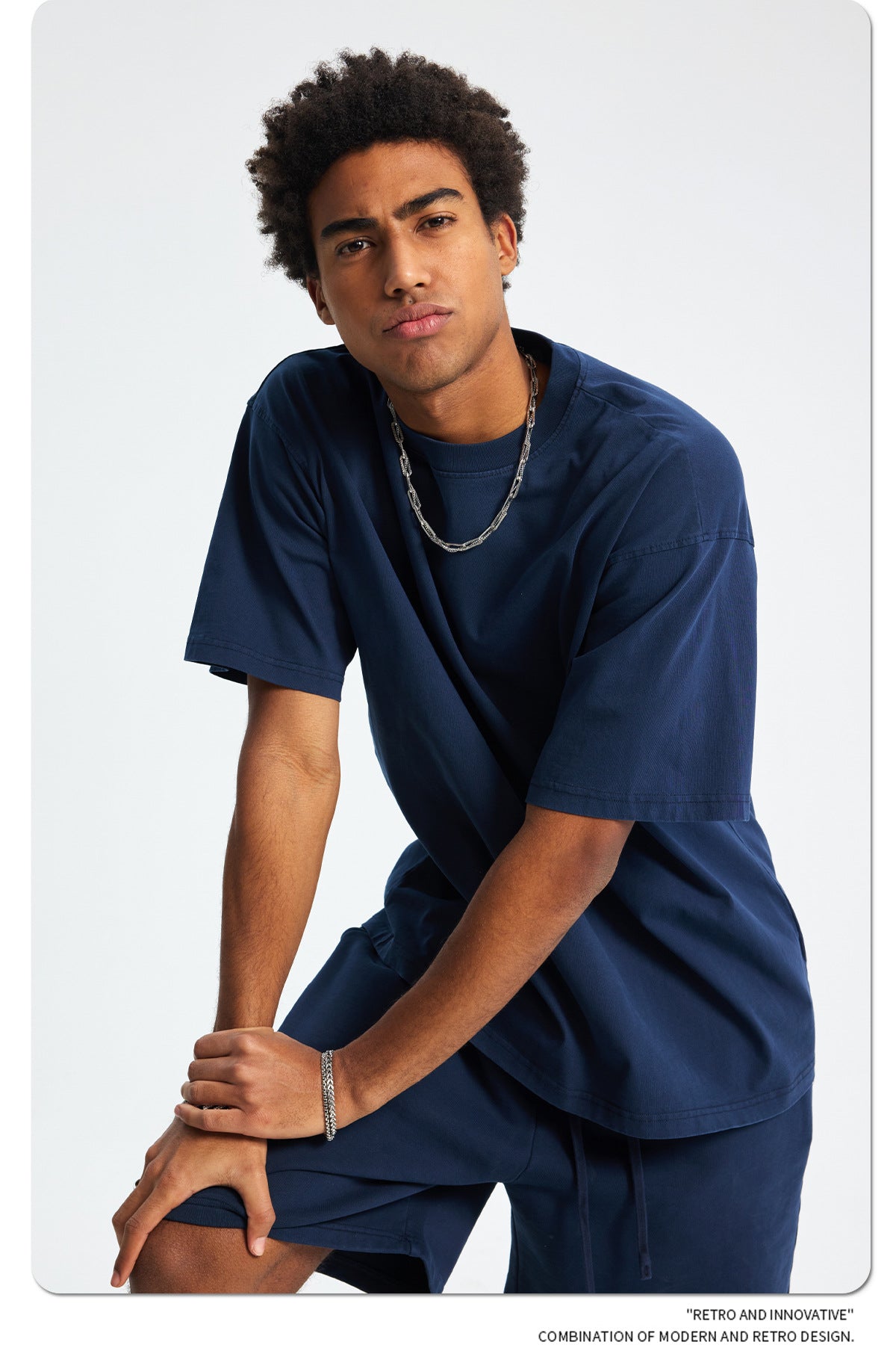 8805# Oversize 250g Wash T-Shirt-Navy