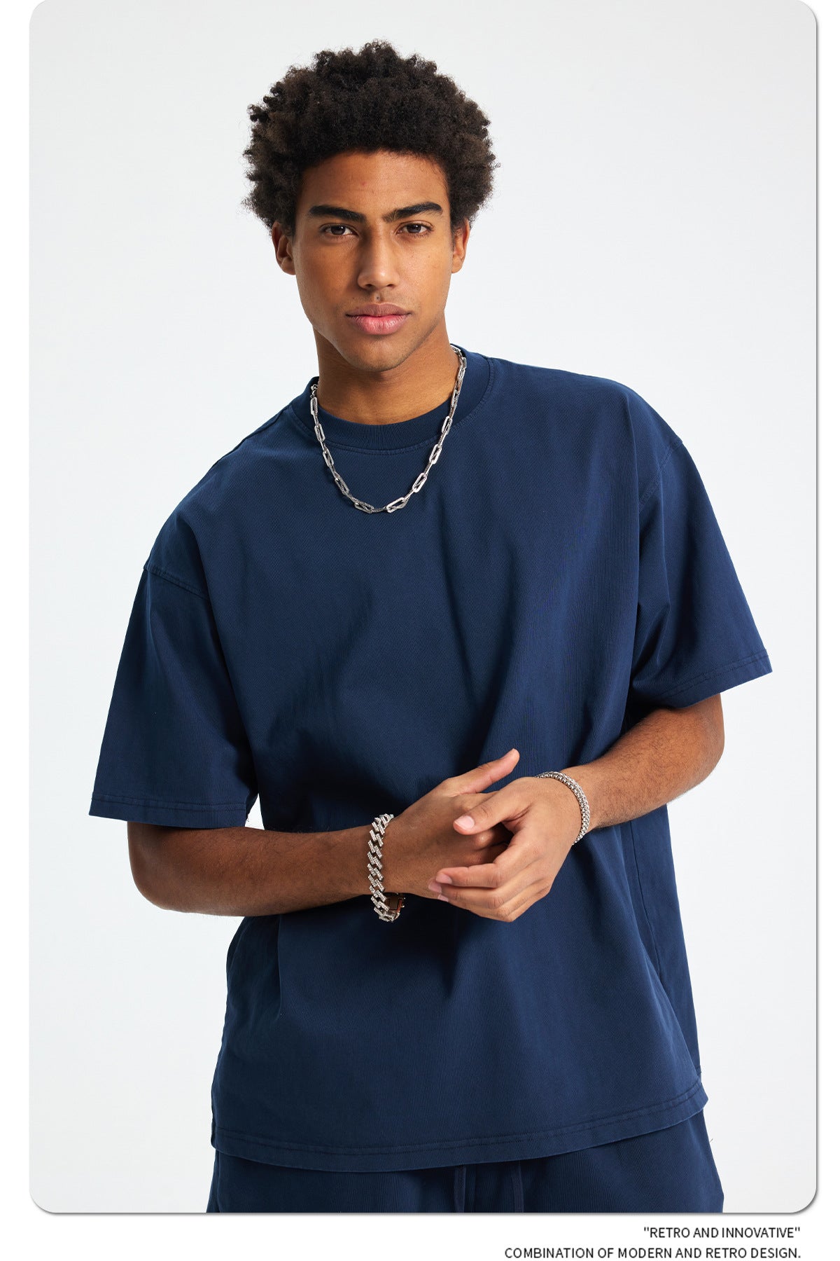 8805# Oversize 250g Wash T-Shirt-Navy