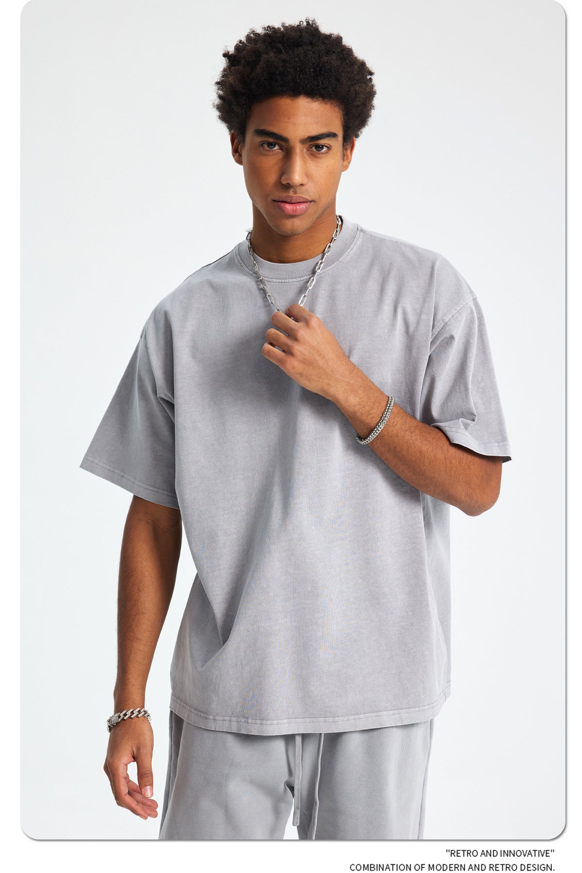 8805# Oversize 250g Wash T-Shirt-Light Gray