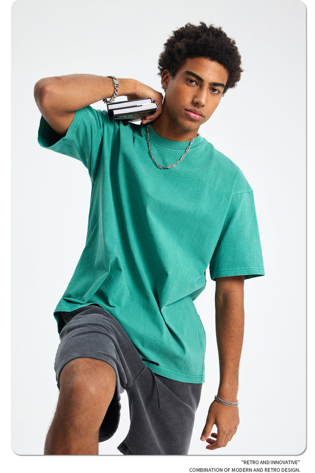 8805# Oversize 250g Wash T-Shirt-Green