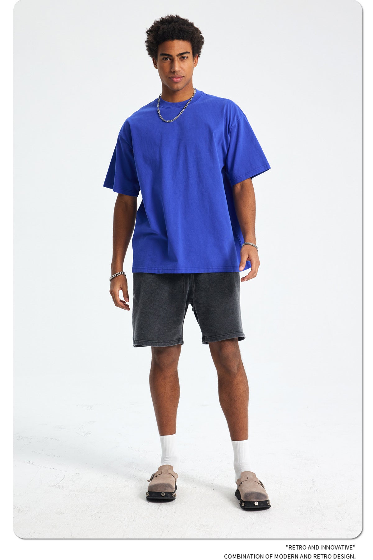 8805# Oversize 250g Wash T-Shirt-Blue