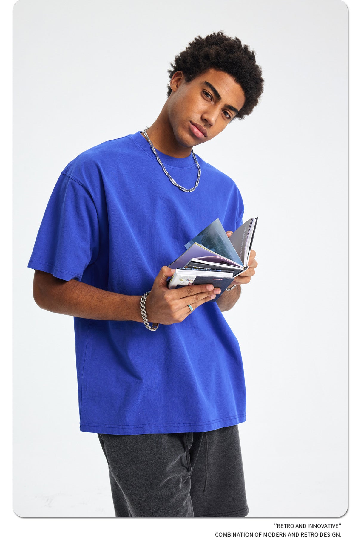 8805# Oversize 250g Wash T-Shirt-Blue